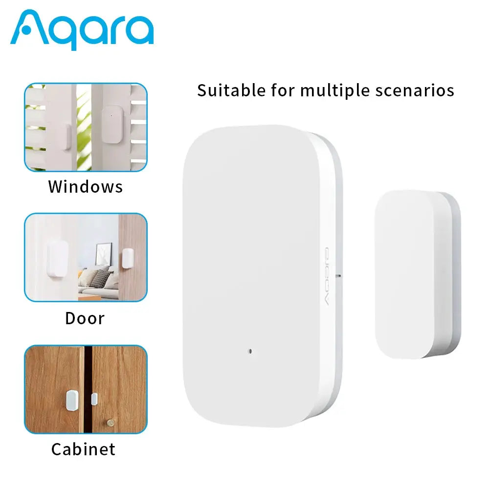 Aqara window/door sensor MCCGQ11LM, white Zigbee smart home device; shown with Windows, Door, Cabinet options.