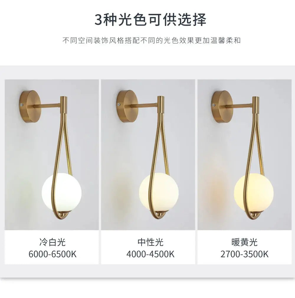 Nordic glass-ball LED wall lamp in brass finish; wall-mounted with curved frame and globe, shown in 3 color temps.