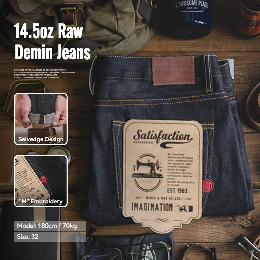 Men's selvedge raw denim jeans, 14.5oz, straight fit with M embroidery in solid indigo