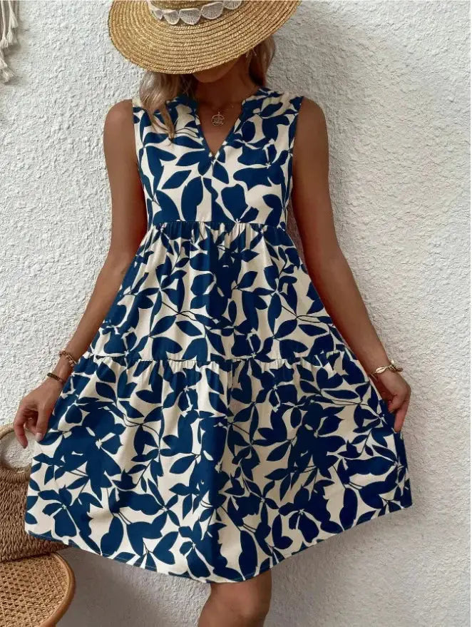 Women Boho Print Mini Dress Sleeveless V Neck Ruffle Beach Sundress