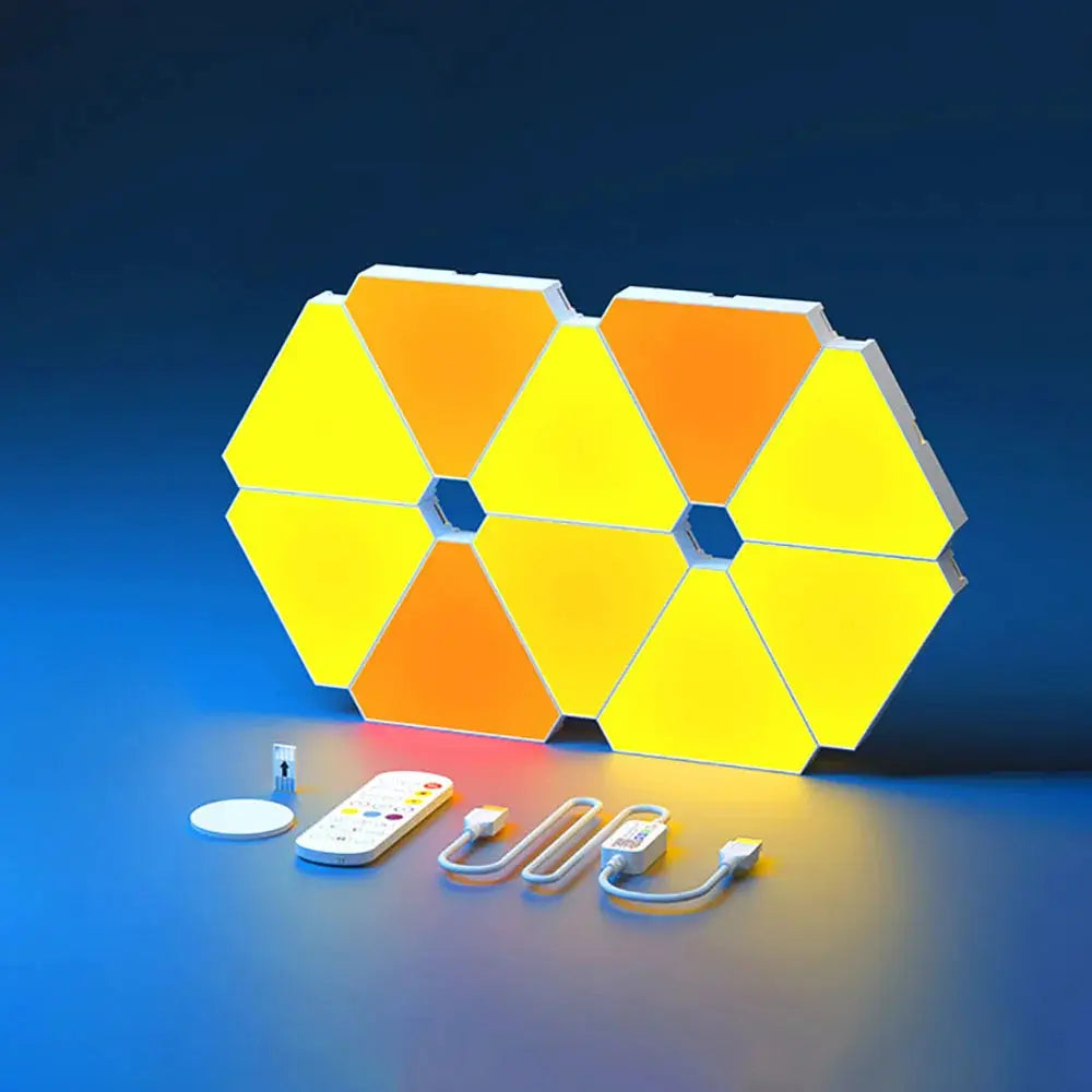 LED Triangular Quantum Lamp RGB wall lamp with yellow and orange panels; remote and USB power accessories.