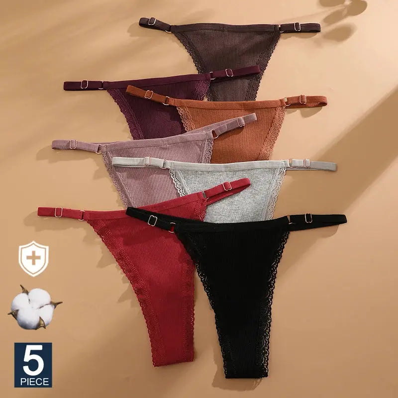 G-string panties 5-piece cotton set with adjustable waist and lace trim in assorted colors