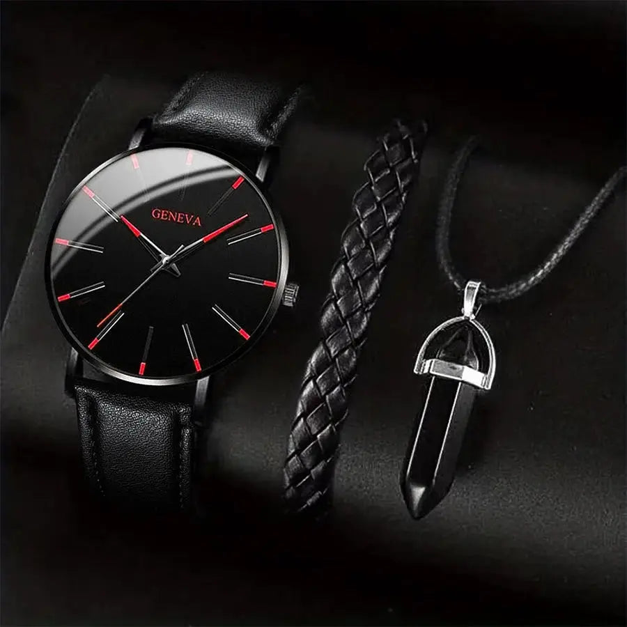 Nova 3 Piece Mens Analog Quartz Watch Set With Leather Bracelet And Necklace Included For Versatile Business Casual Wear