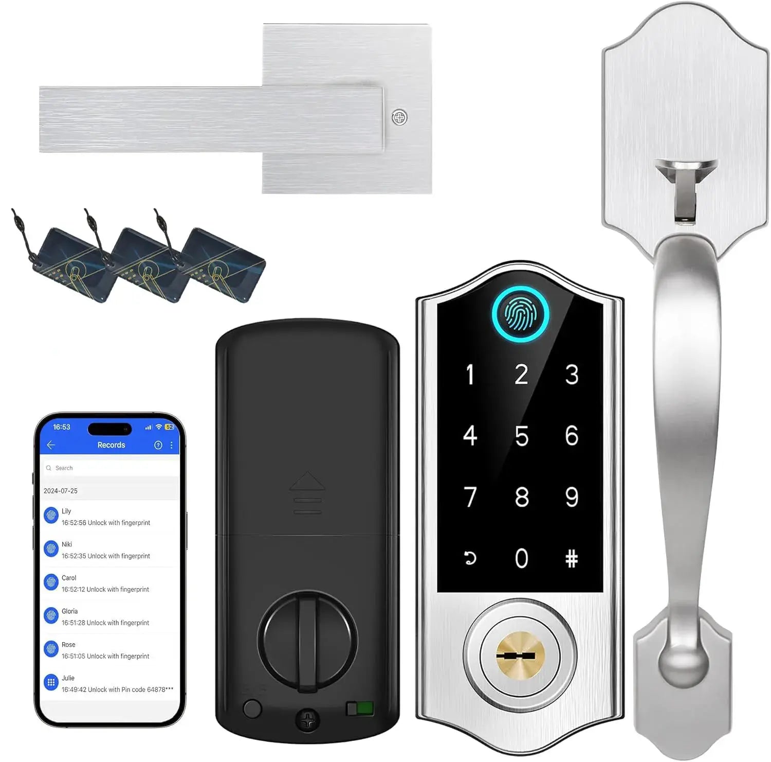 Keyless entry door lock with handle in satin nickel; fingerprint keypad with included strike plate and hardware.