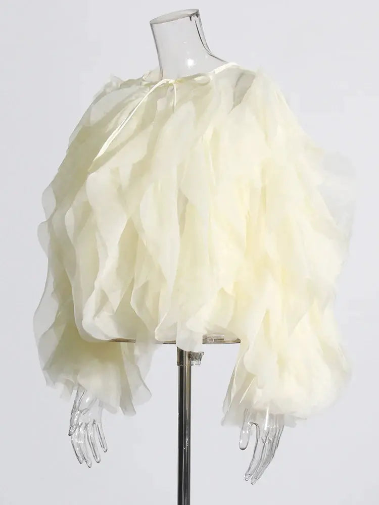 Twotwinstyle Elegant Patchwork Ruffles Chiffon Blouse O Neck Lantern