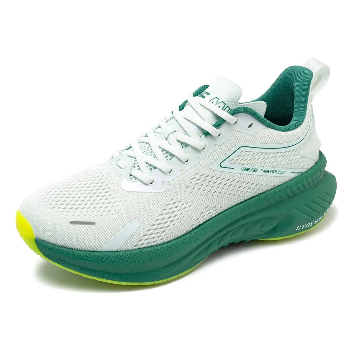 ONEMIX breathable mesh running shoes for men and women, white with green sole