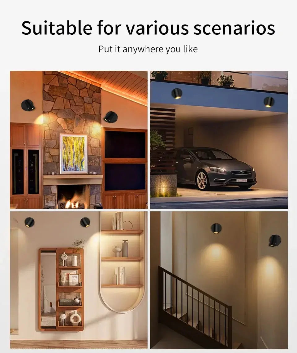 Simples Market LED wall lamp; black round wireless magnetic spotlight with 360° rotation, bedside lighting.