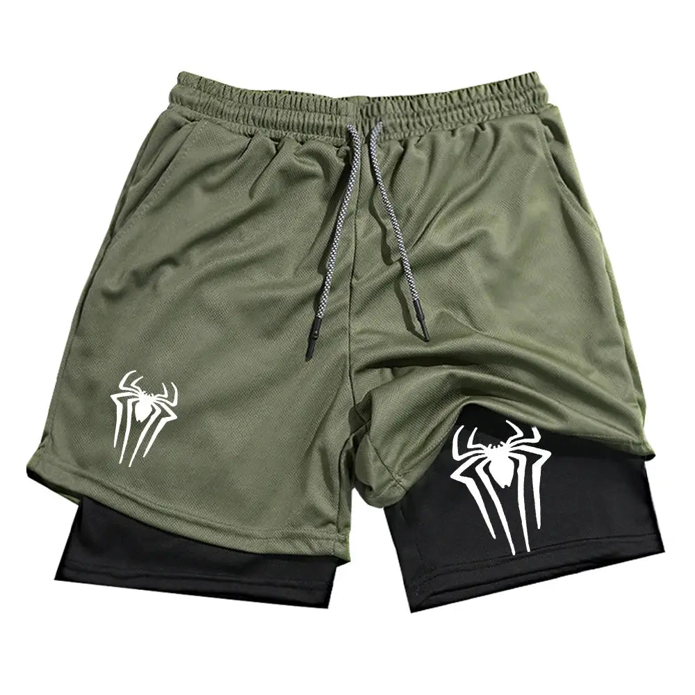Simples Market Y2K spider-printed 2-in-1 performance shorts, olive green outer with black inner compression