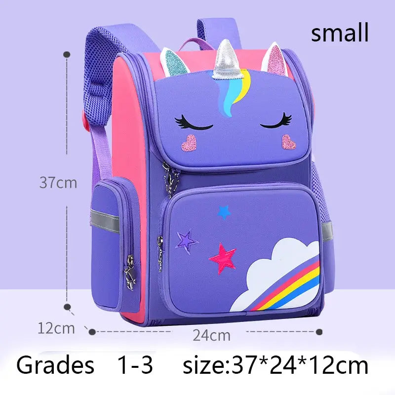 Simples Market kids waterproof unicorn backpack; purple with rainbow front pocket and star accents