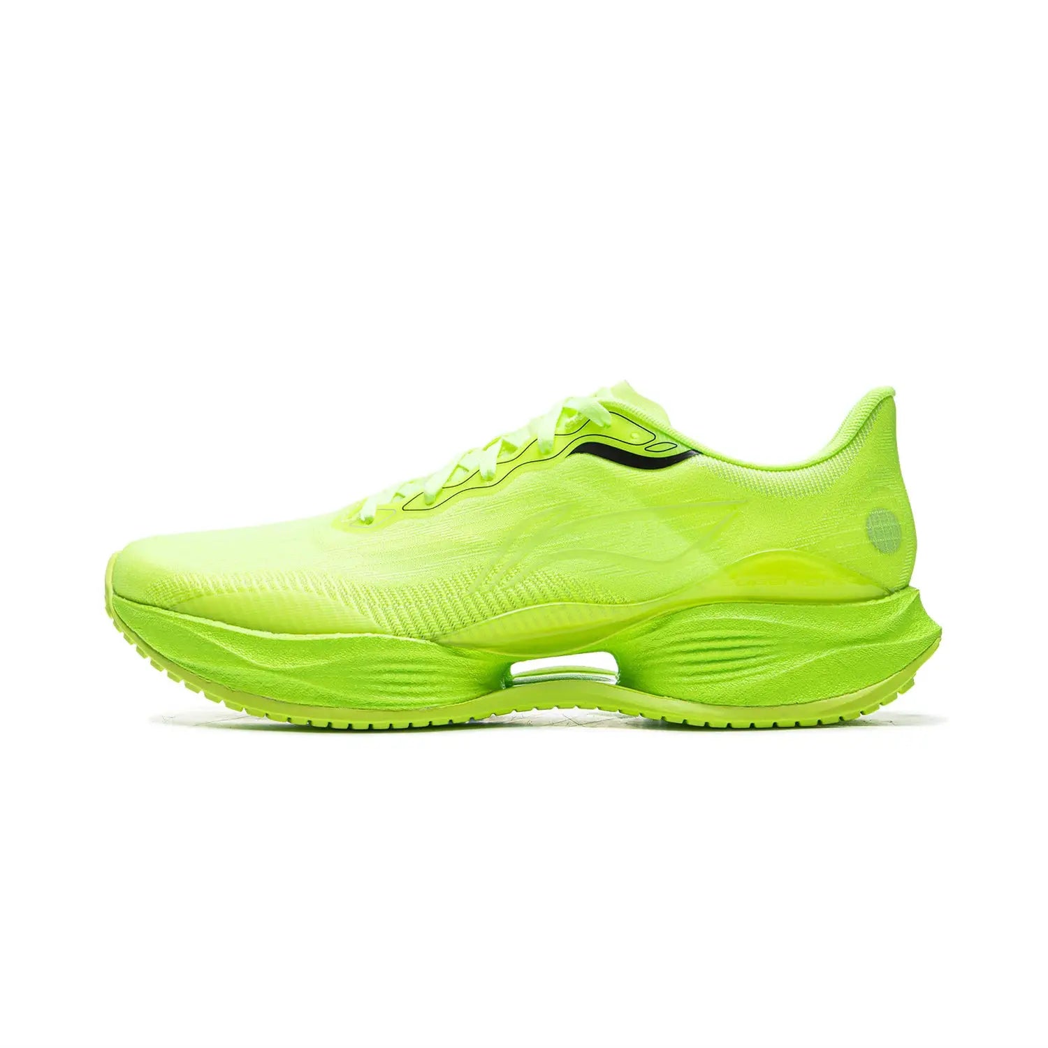 Li-Ning men's neon lime running shoe with black logo and chunky cushioned sole
