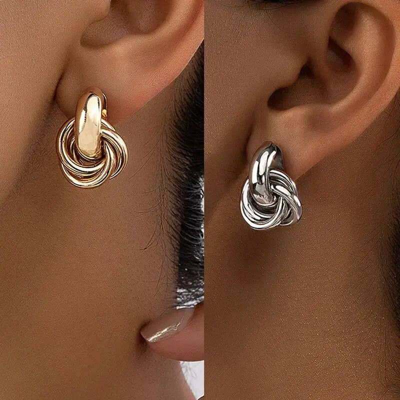 2 Pair Knot Hoop Earrings Set For Women Gold And Silver Tone Shiny Plating Trendy Stud Daily Wear Jewelry