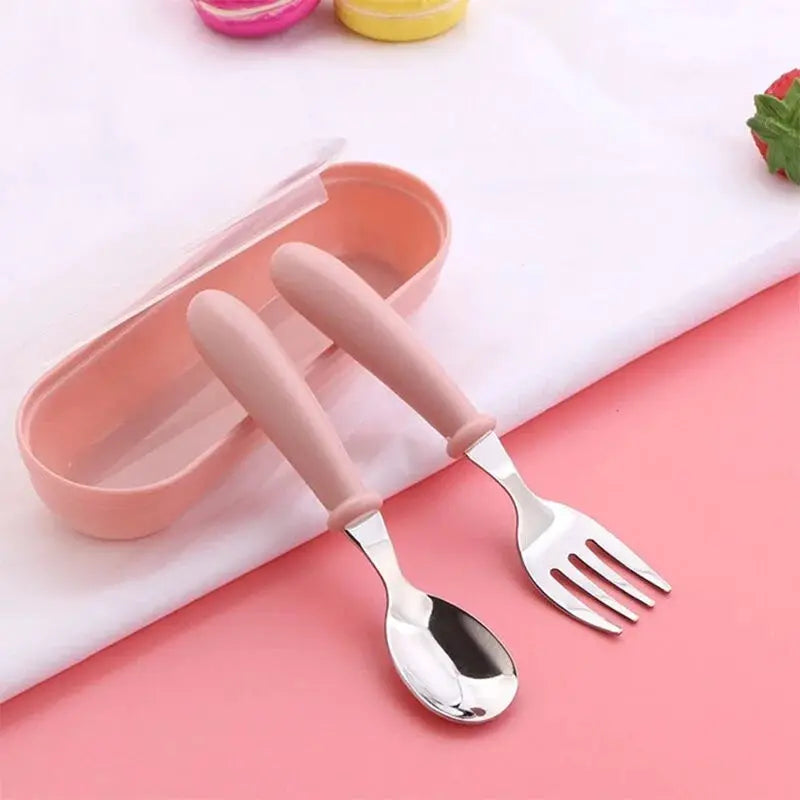 3 Piece Children Spoon And Fork Set Stainless Steel Portable Baby Feeding Utensils For Toddlers