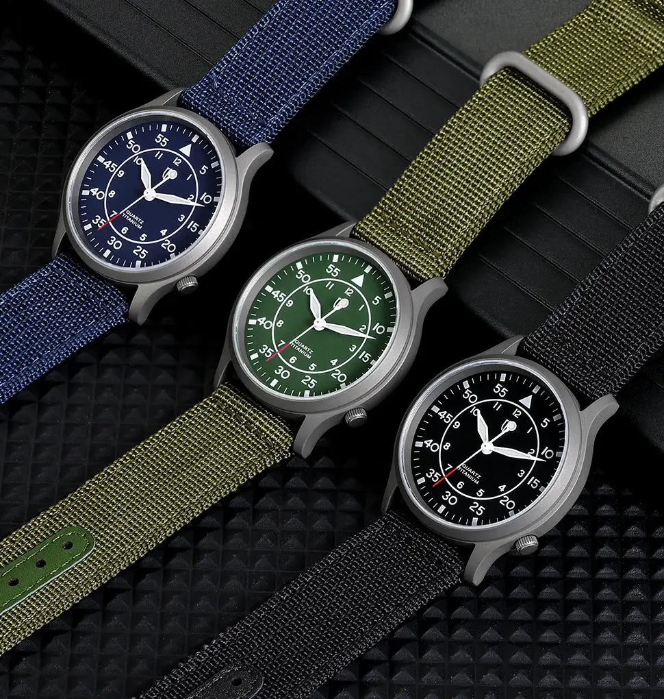 BERNY titanium watches for men; three color variants with blue, green, and black dials on NATO straps