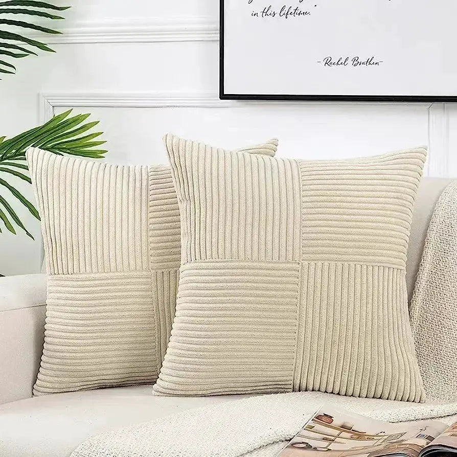 Two cream corduroy patchwork throw pillow covers, 18x18 inches, for couch or sofa