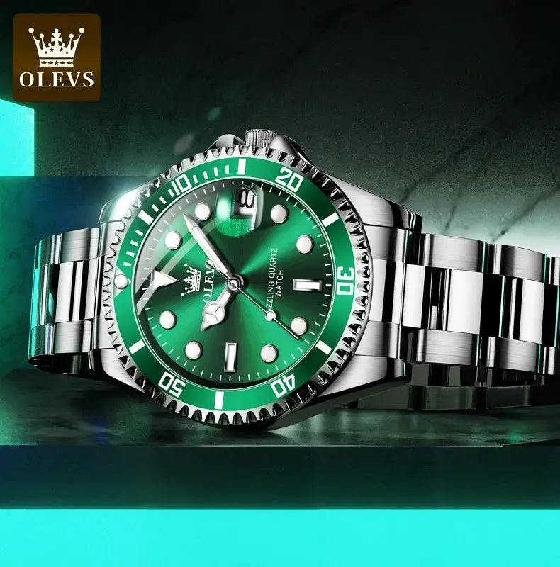 OLEVS 5885 men's stainless steel watch with green dial, date window, and luminous markers