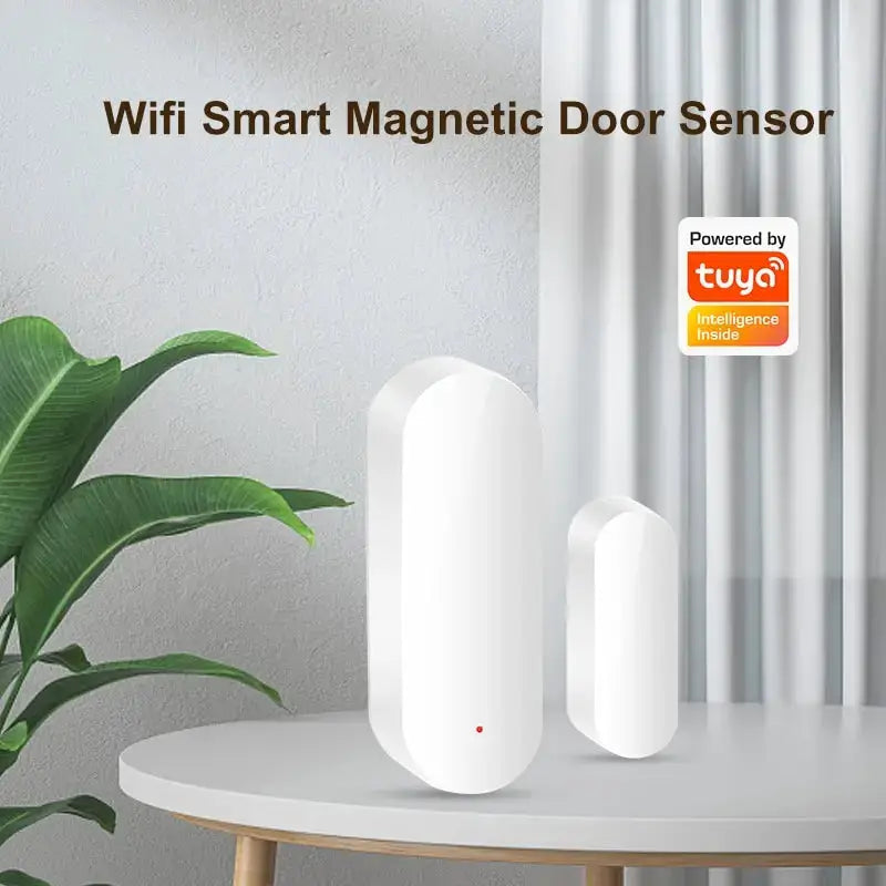 Door sensor set, white; Tuya-powered two-unit kit by Simples Market, compatible with Smart Life, Alexa, Google Home.
