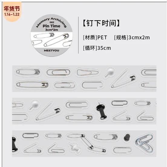 Simples Market decorative adhesive tapes set for memory journaling; PET with pin and binder clip motifs, 3cmx2m