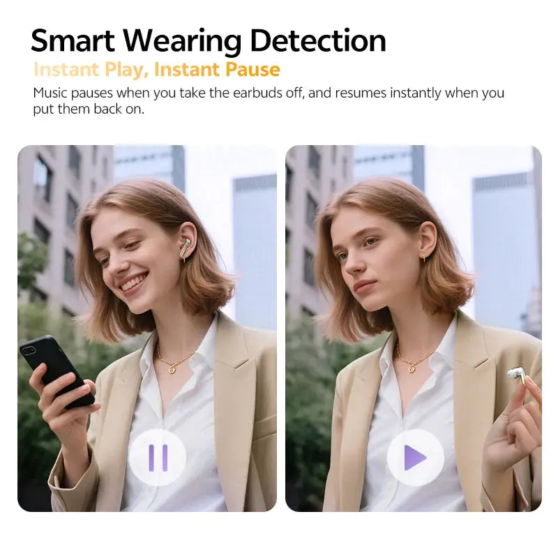 QCY MeloBuds N70 wireless earbuds by Simples Market, white in-ear buds shown in a split-screen lifestyle shot