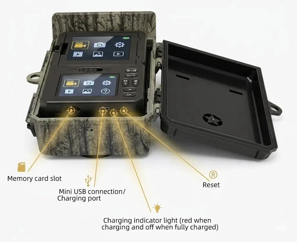 Simples Market Solar Wildlife 50MP trail camera in camo housing with dual screens for outdoor hunting and garden monitoring