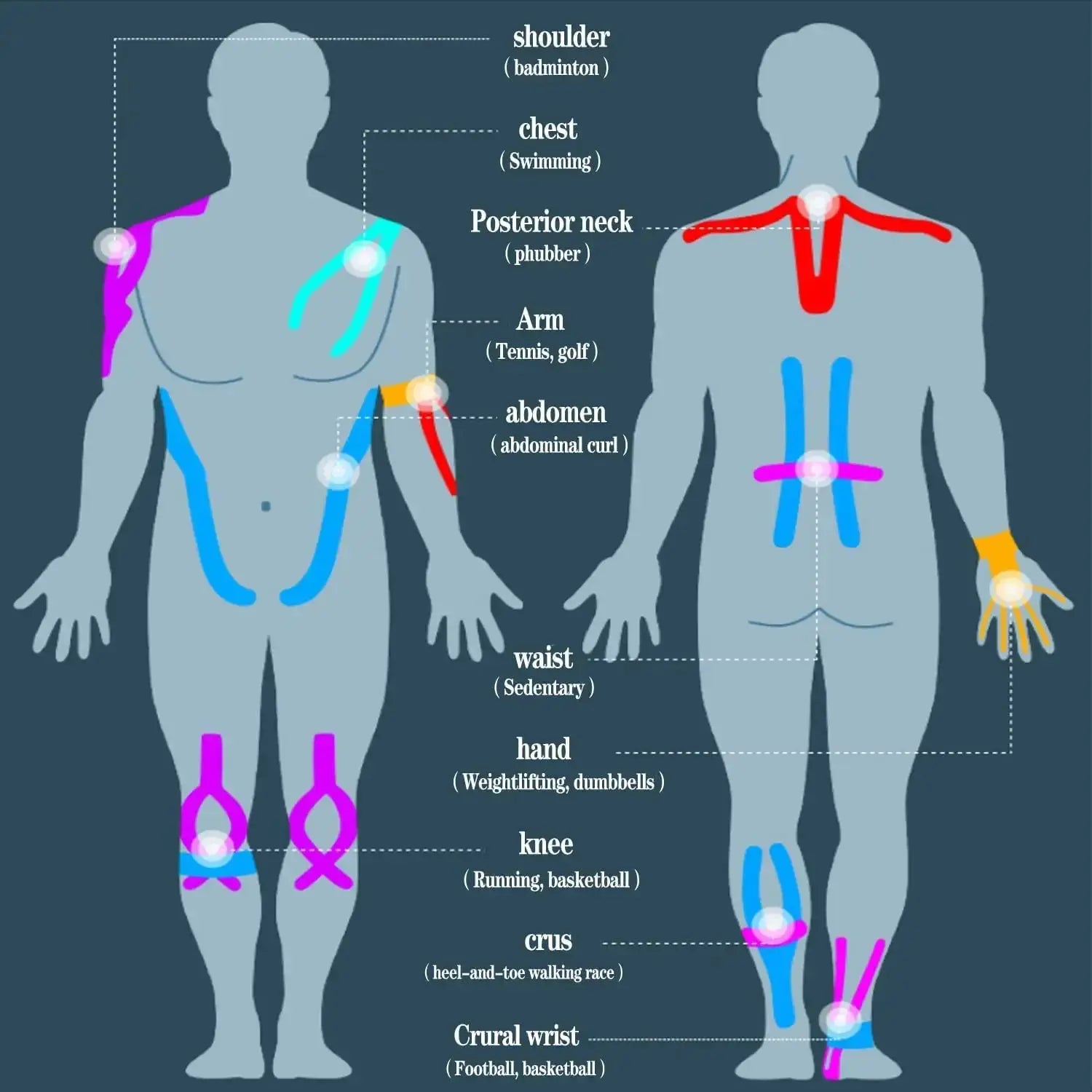 Kinesiology Tape Pro Athletic Sports with 20 precut strips; waterproof elastic tape shown on a body diagram in blue and pink