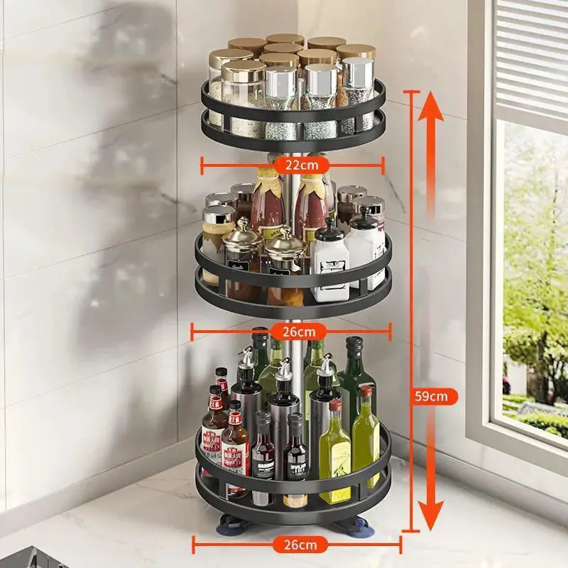 Three-tier 360-degree rotating kitchen storage rack in black metal with circular shelves and spice bottles.