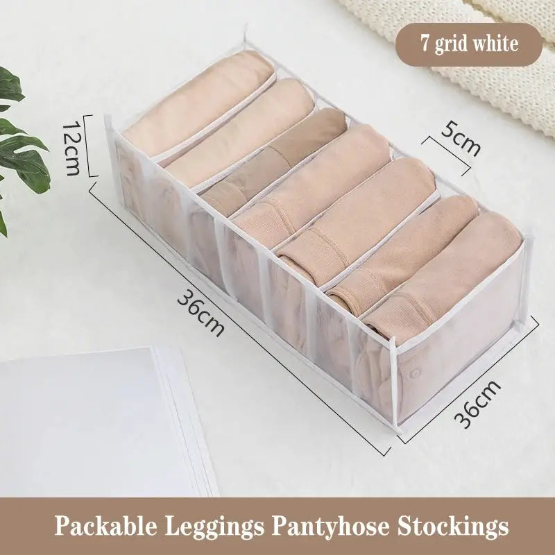 White 7-grid fabric storage organizer for underwear and socks with dividers, 36x36x12 cm