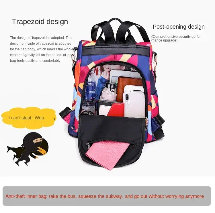 Women’s backpack by Simples Market in colorful geometric Oxford cloth; waterproof, large-capacity travel bag