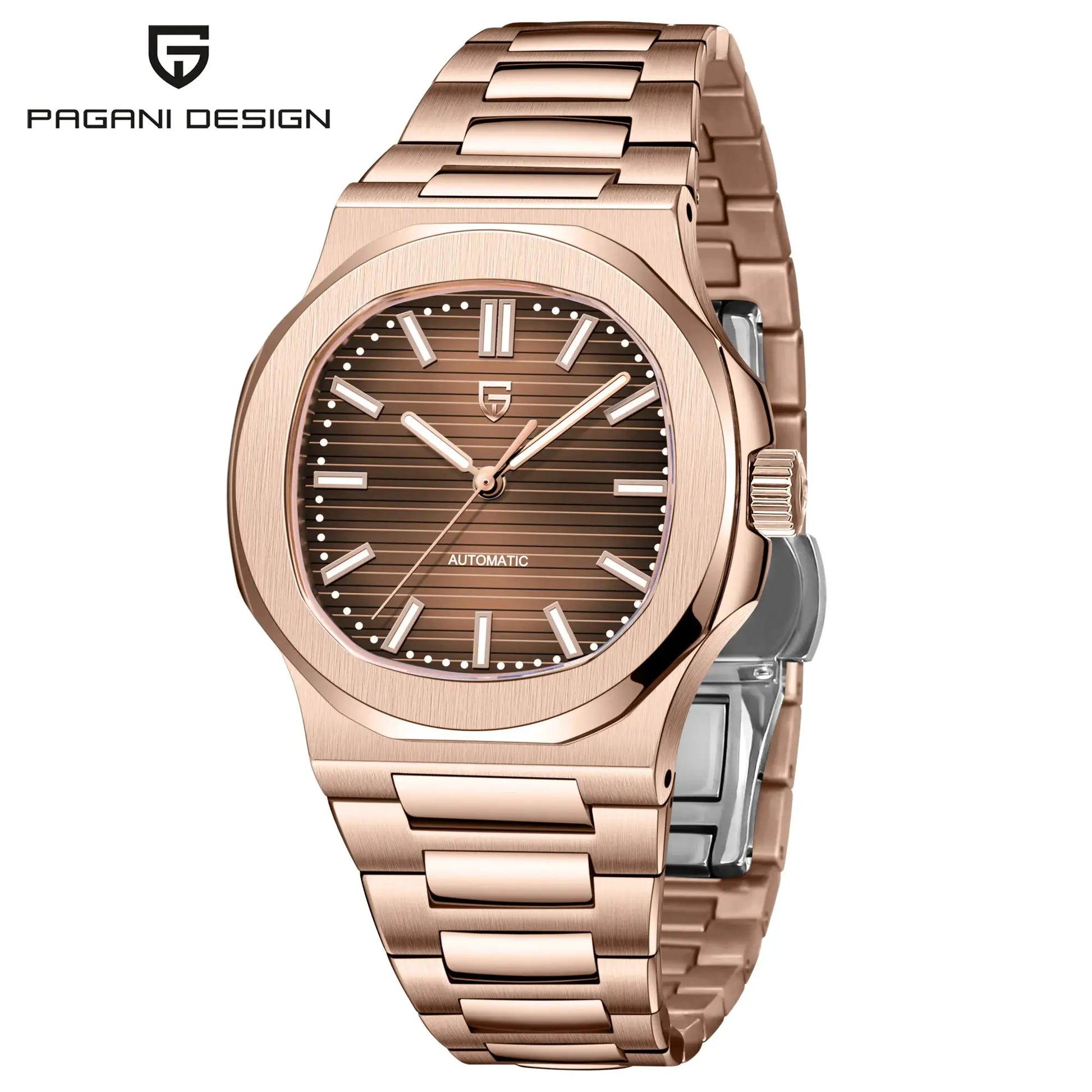 Pagani Design rose-gold 40mm automatic men's watch with sapphire glass and stainless steel bracelet