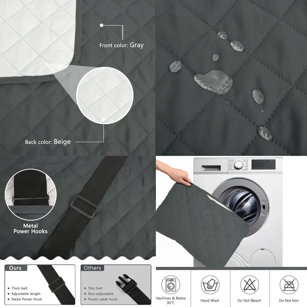 Sofa cover by Simples Market, quilted waterproof gray front with beige back, non-slip adjustable strap, fits 1–4 sofas