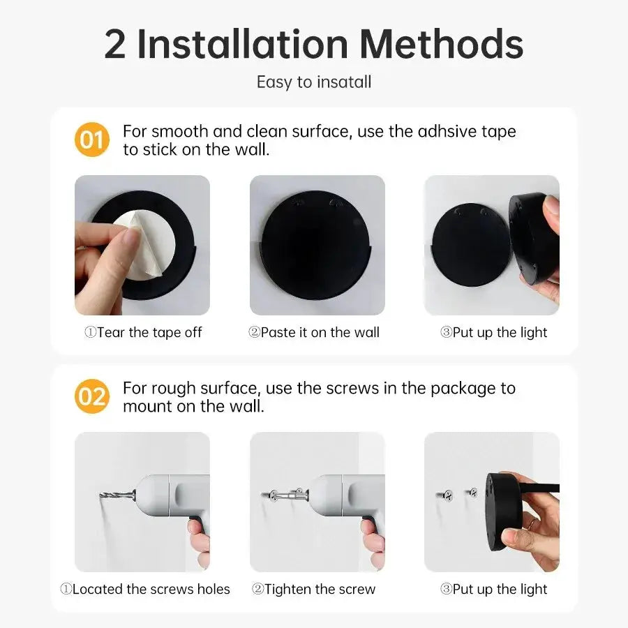 Night light motion sensor LED wall lamp, Simples Market, wireless USB; illustrated two-step wall-mount installation