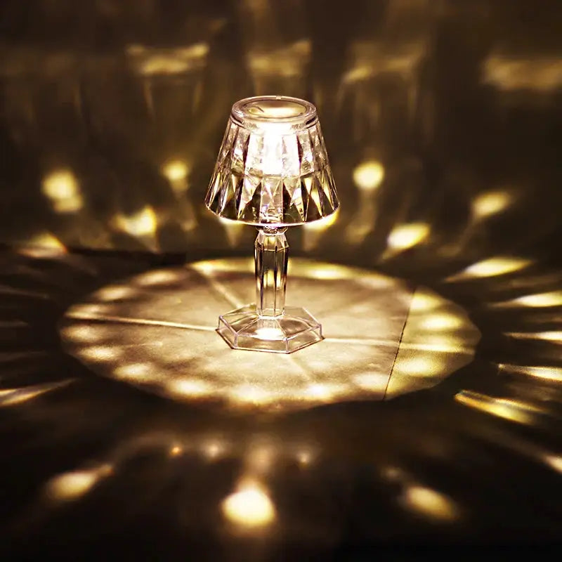 Mini crystal table lamp with a faceted shade, color-changing LED, battery-powered bedside night light.