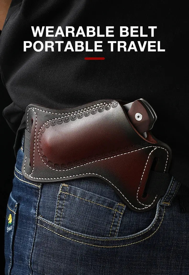 Leather belt sheath for folding knife on waist belt; brown cowhide with white contrast stitching and rugged edges.