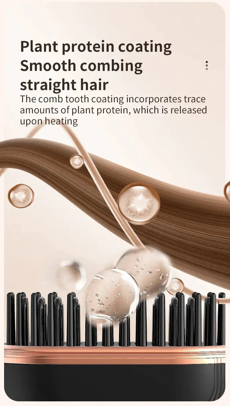 Mini cordless hair straightening brush with black bristles and rose-gold body; rechargeable USB charging.