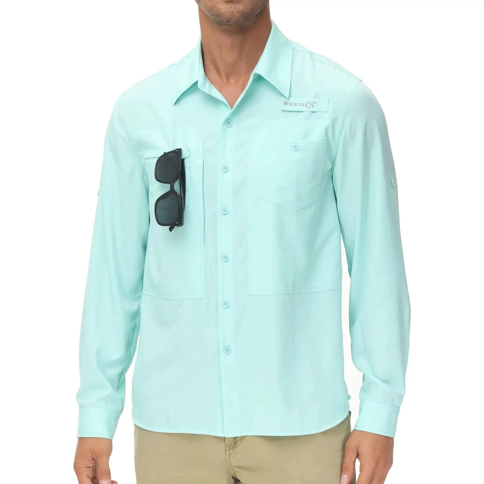 Men's long-sleeve fishing shirt in light aqua with chest pockets and UPF 50+ sun protection