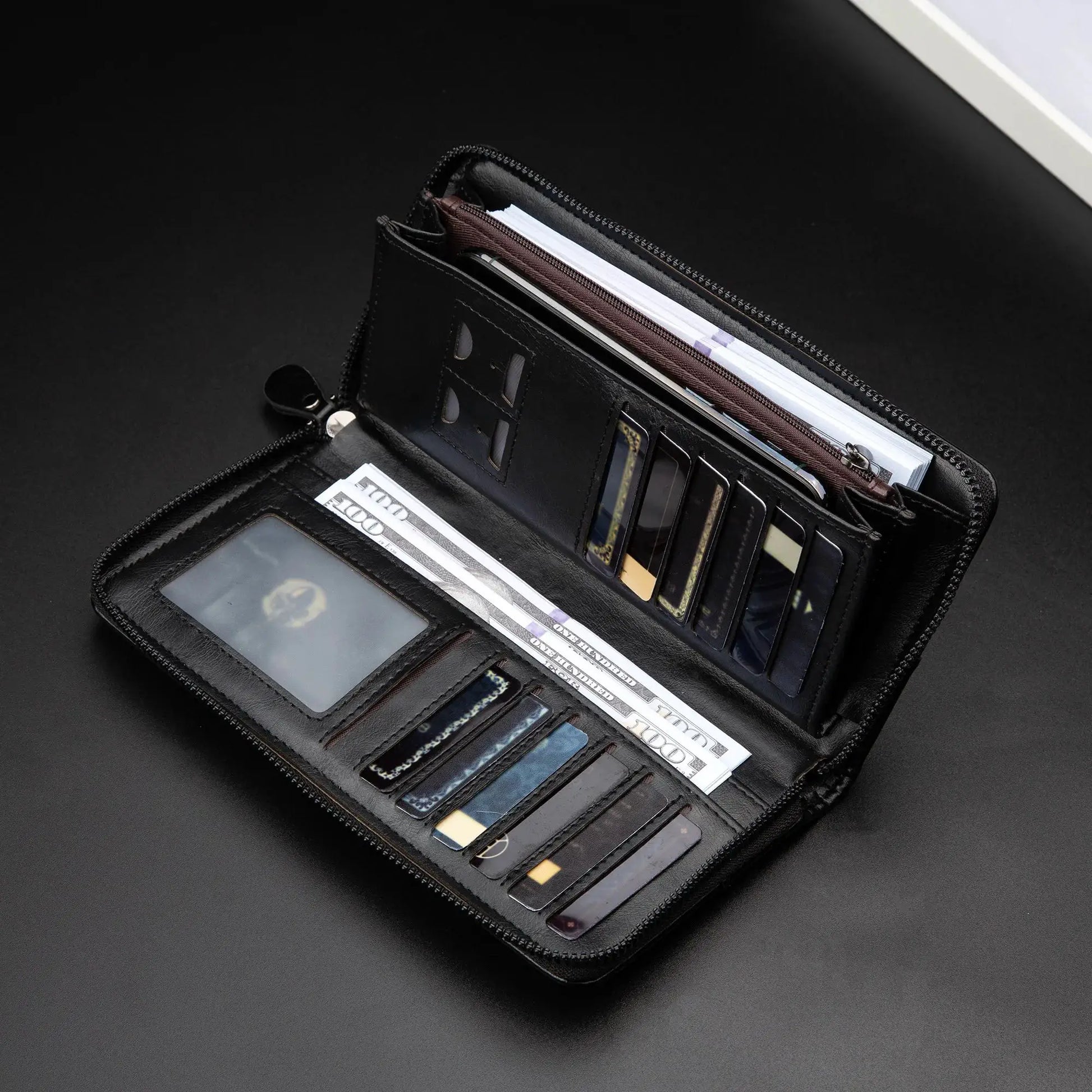 Men's zip-around wallet in black PU leather with RFID blocking, multiple card slots and ID window