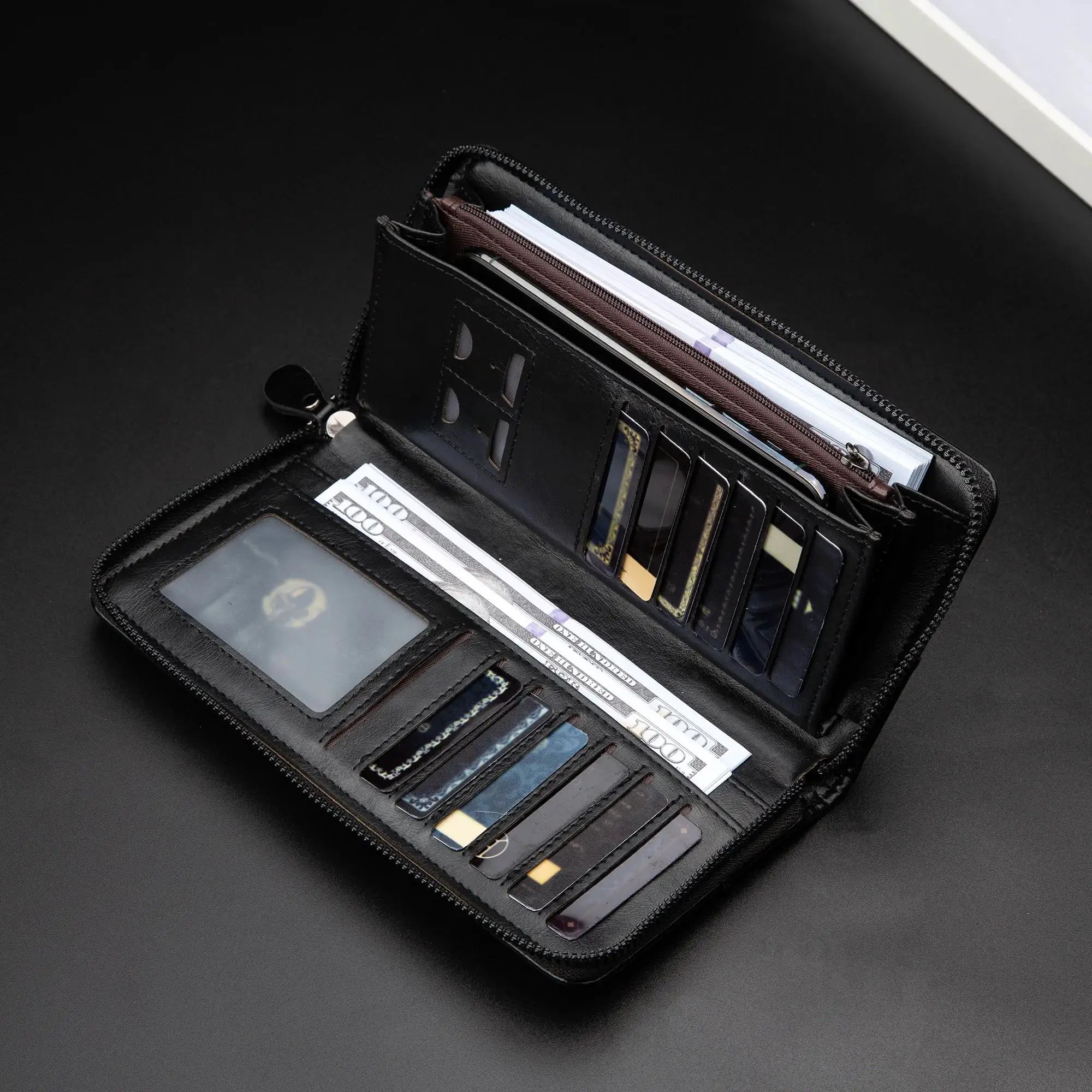 Men's zip-around wallet in black PU leather with RFID blocking, multiple card slots and ID window