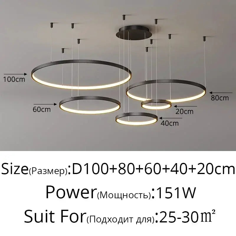 Pendant lights by Simples Market: five-ring LED acrylic ring chandelier for living rooms and restaurants.
