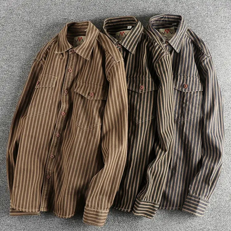 3 striped long-sleeve shirts with lapels, button-front, and chest pockets in brown, tan, and navy.