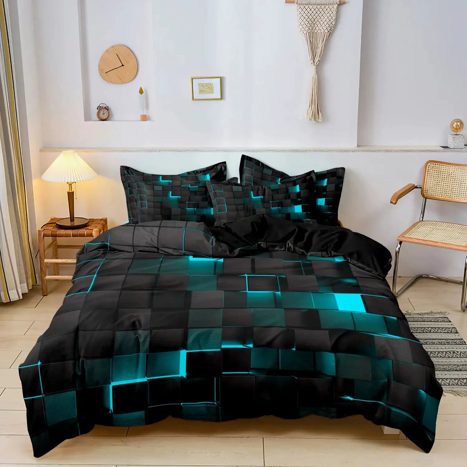 3pc duvet cover bedding set with black teal geometric grid plaid, includes duvet cover and 2 pillowcases
