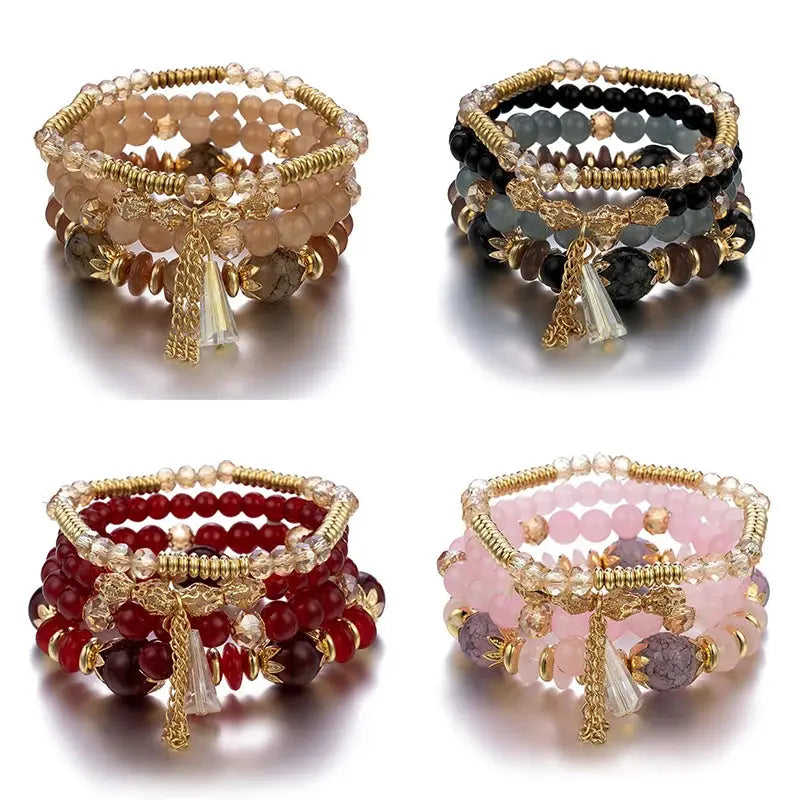 4 Piece Tassel Charm Beads Bracelet Set For Women And Men Bohemian Colorful Glass Bead Chain Bangle Jewelry