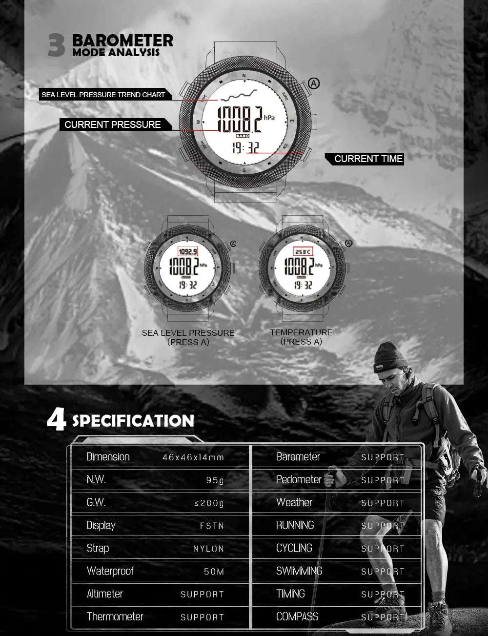 North Edge Apache-46 men's digital outdoor watch by Simples Market with altimeter, barometer, compass, WR50M
