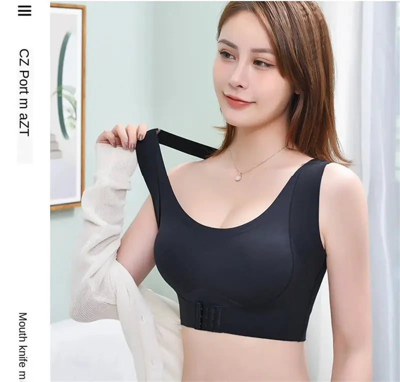 Posture correction bra seamless black, adjustable straps, back hook closure.
