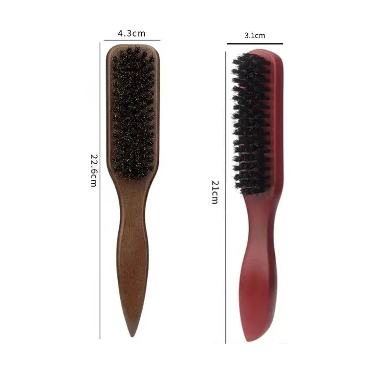 Two hair grooming tools: brown pointed-tail wooden comb and red bristle brush