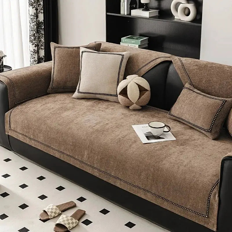 Simples Market universal vintage-style chenille sofa slipcover in camel brown with matching cushions