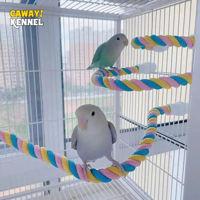 Parrot color cotton rope bird toy with multicolor swing; 2 birds in cage, CAWAYI KENNEL logo visible
