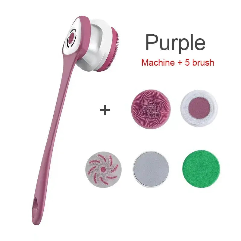 5-in-1 electric shower cleaning brush set by Simples Market with pink long handle and 5 heads.