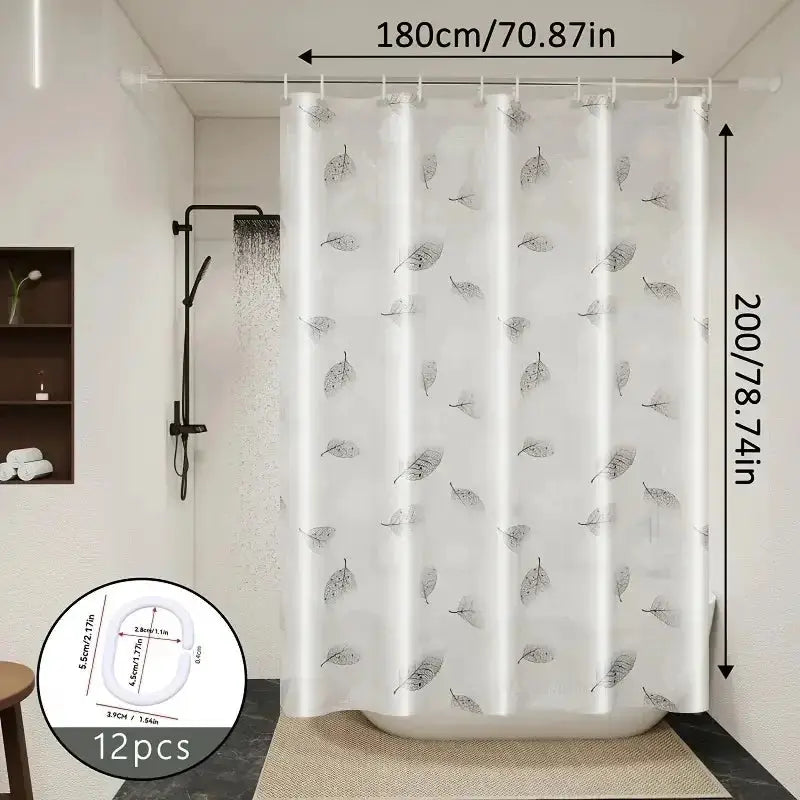 Leaf-pattern clear plastic shower curtain by Simples Market, 12 hooks, 180x200 cm