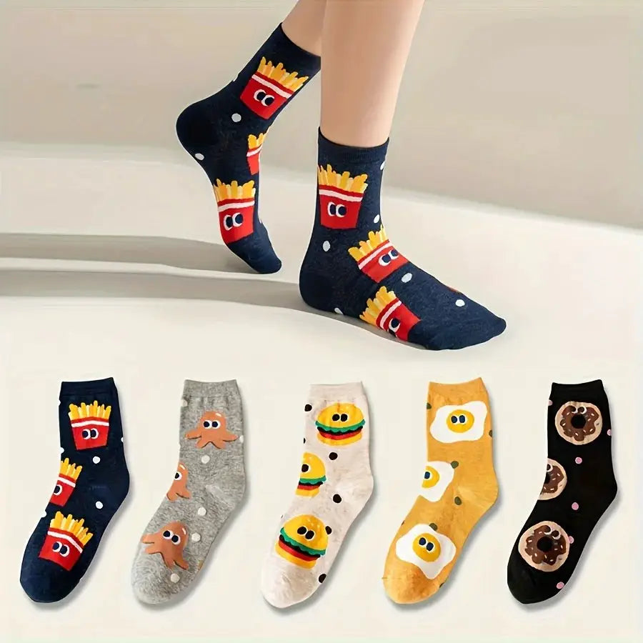 5 Pack Mixed Color Kids Mid Calf Socks With Cartoon Hamburger And Fries Pattern For Boys And Girls