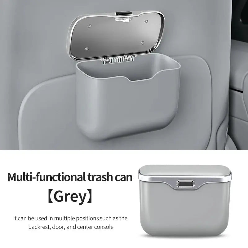 Multifunctional car trash can with lid button, grey hanging storage bin for backseat use