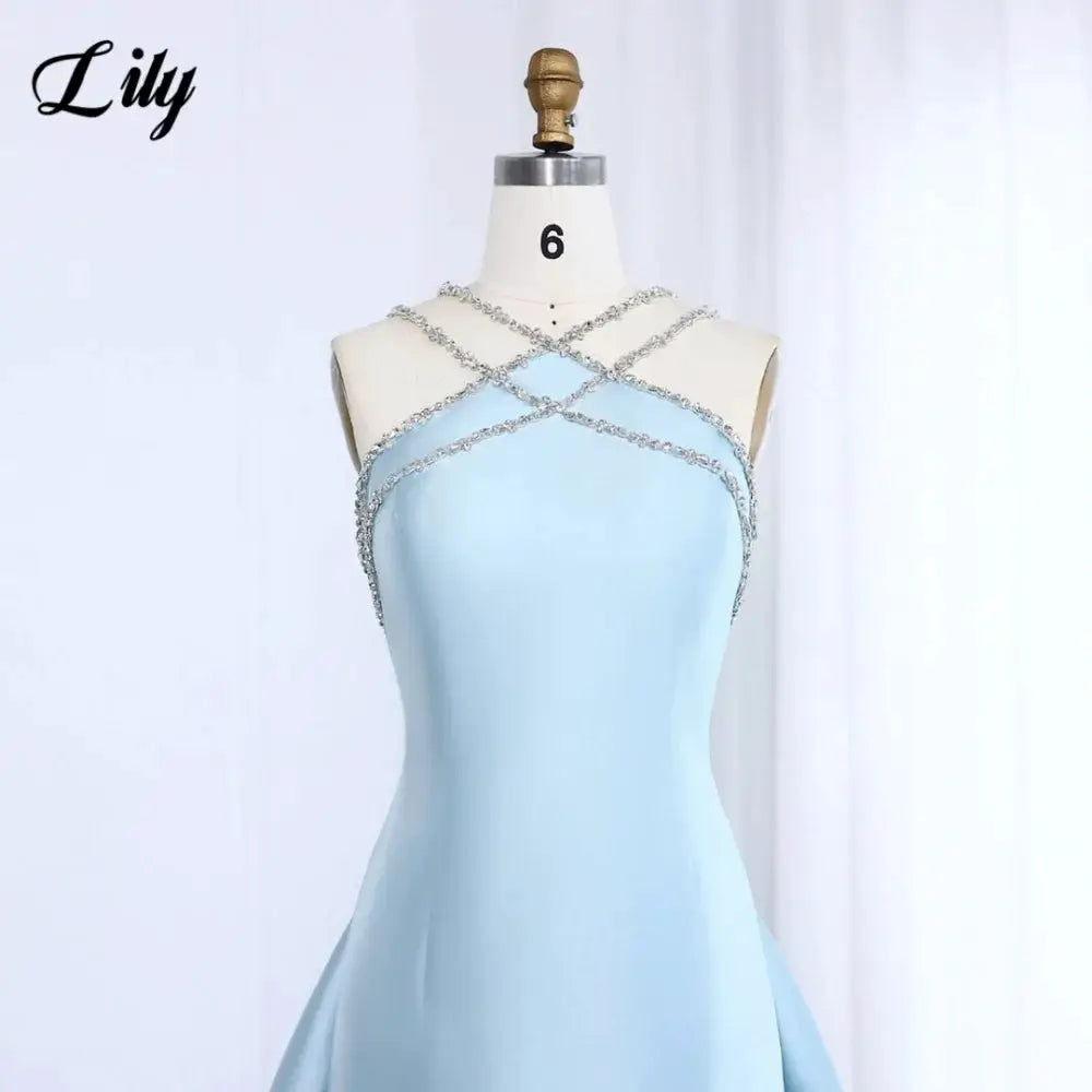 Lily Light Blue Prom Dress With Shiny Beading Halter Detachable Train